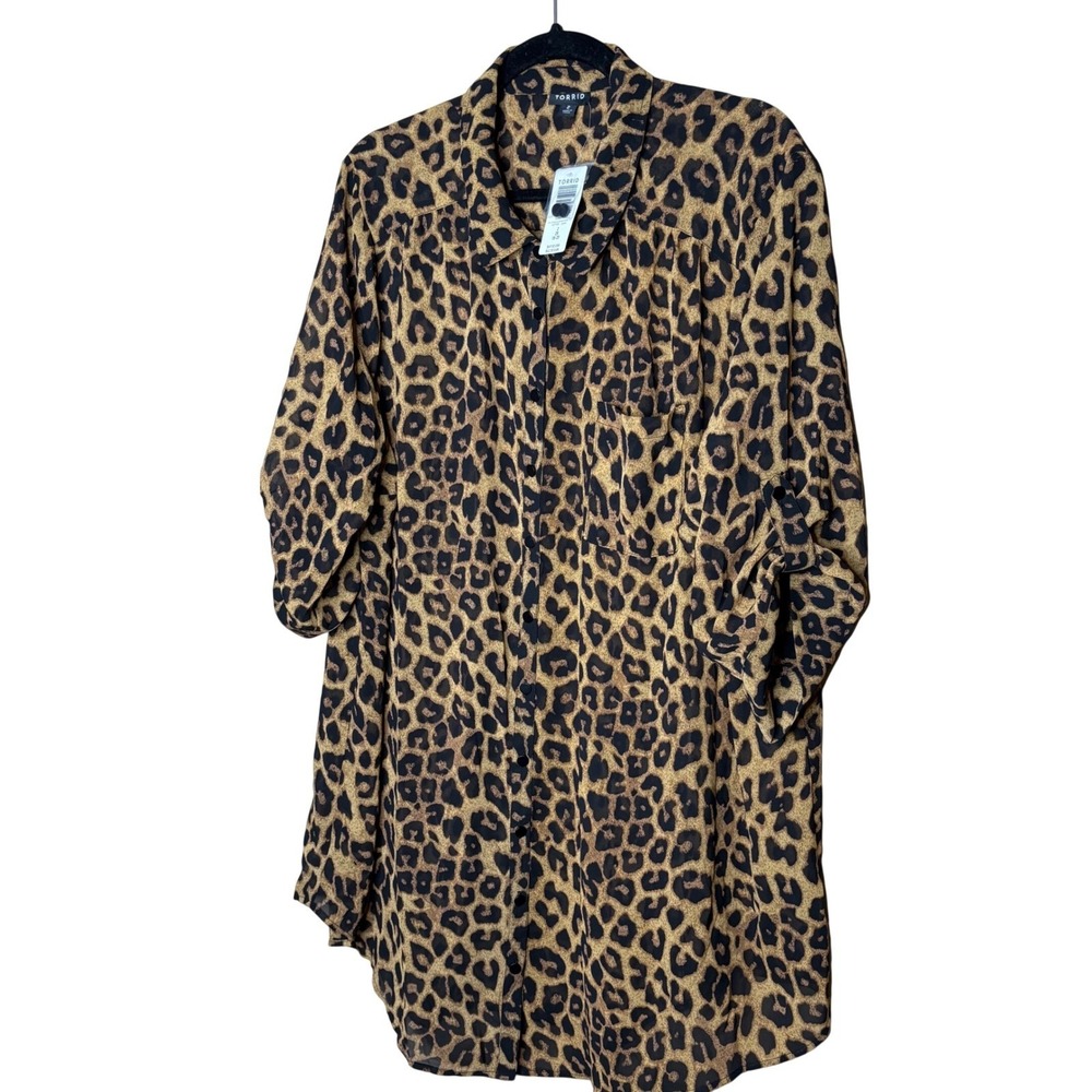 NEW Torrid Leopard Print Button Down Tunic Roll Tab Sheer Plus Size 2X